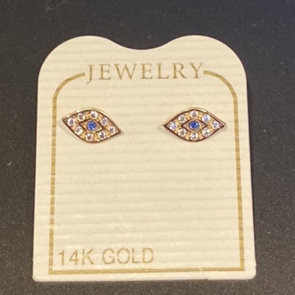 New 14k Solid Real Gold Evil Eye Stud Earrings - Picture 5 of 5